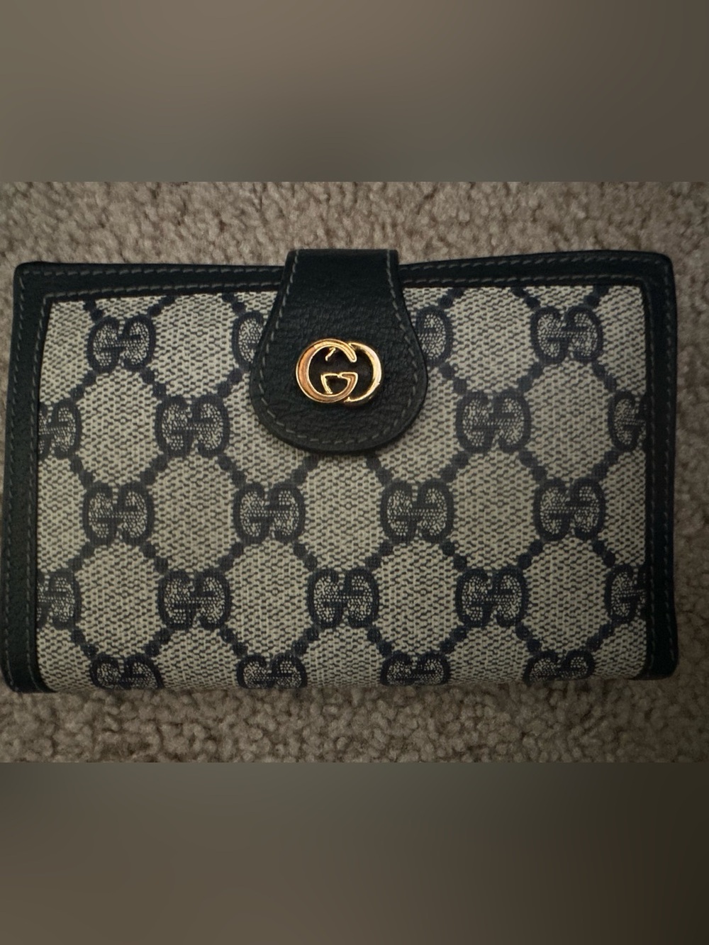 Gucci Beige and Navy Blue  GG Canvas Wallet with Gold Double G Accent